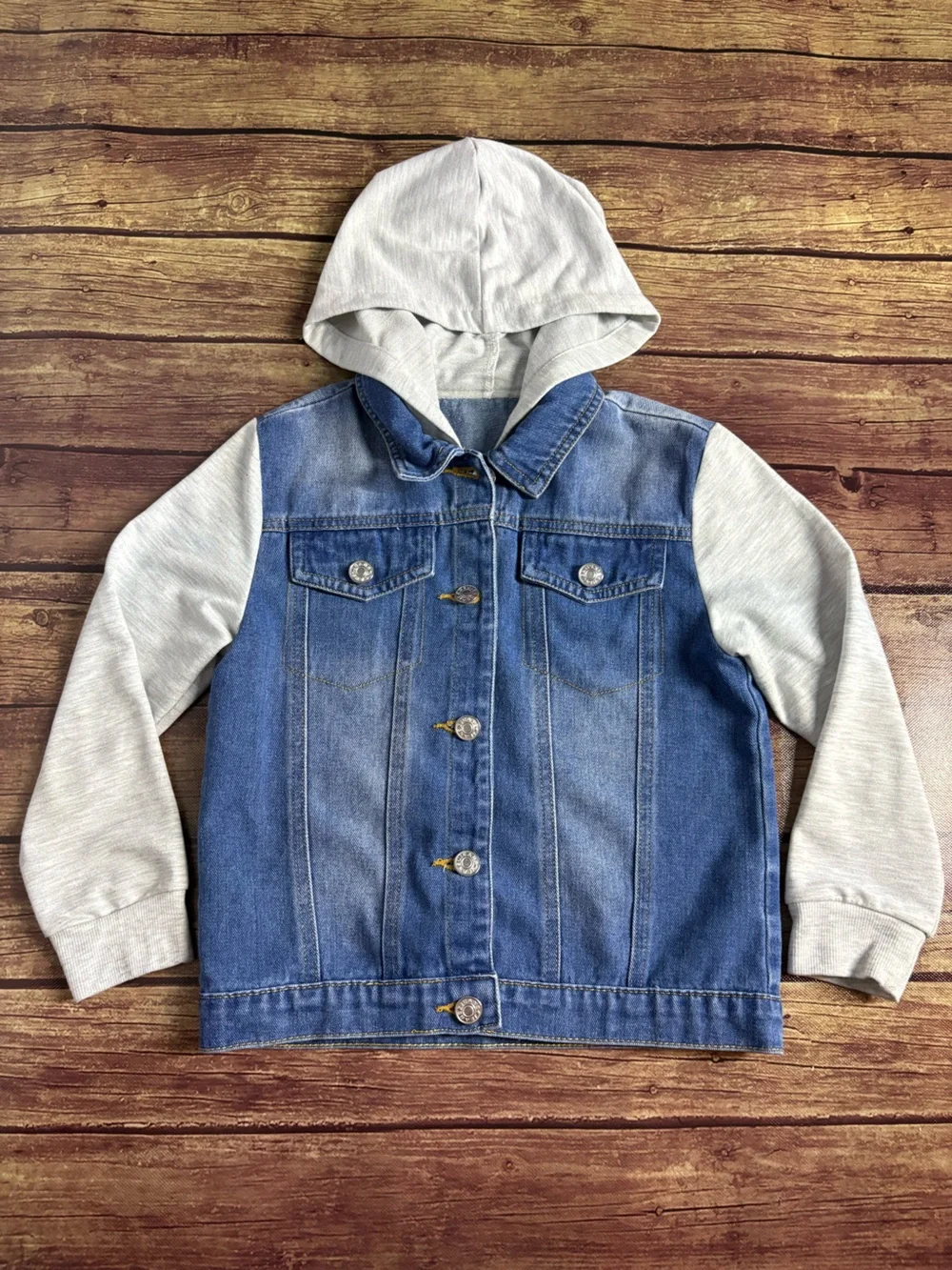 Boy's Blue Denim Jacket with Gray Hoodie Sleeves Size 7Y